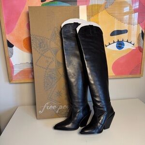 Free People Shiny Black Over the Knee Boots Leather
